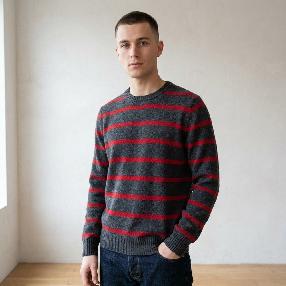 Qi Cashmere Mens Sweater Medium Grey Red Striped Crew Neck Luxury Preppy